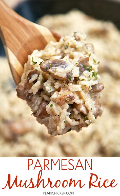 Parmesan Mushroom Rice | Plain Chicken® Mushroom Parmesan Rice, Rice That Goes With Chicken, Easy Mushroom Rice Recipes, Recipes That Use Mushrooms, Easy Mushroom Rice, Mushrooms And Rice Recipes, Recipes Using Canned Mushrooms, Rice Recipes Mushroom, Mushroom And Rice Recipes