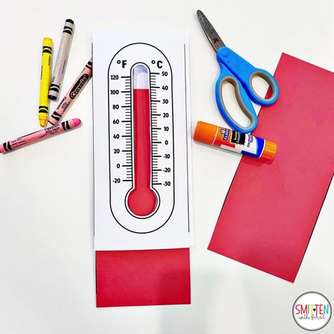 Thermometer craft, Cloud and Weather Activities for Kindergarten First Grade Second Grade Weather Measurement Activities, Temperature Activities For Kids, Weather Tools Activities, Weather Activities For Kindergarten, Thermometer Activities, First Grade Weather, Thermometer For Kids, 2nd Grade Crafts, Weather Activities For Kids