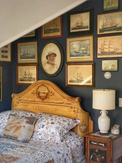 A Bedroom Fit For A Captain, Filled With Vintage Nautical Charm Sailor Bedroom, Pirate Themed Bedroom, Deep Blue Walls, Pirate Bedroom Theme, Pirate Bedroom, Antique Cottage, Painted Cottage, Striped Curtains, Cottage Furniture