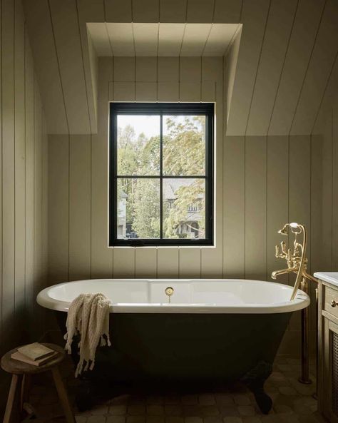 Bathroom Slanted Ceiling, High Ceiling Bathroom, Ashley Montgomery Design, Ashley Montgomery, Tub Small Bathroom, Ceiling Bathroom, Luxurious Bathtubs, Standing Tub, Narrow Bathroom