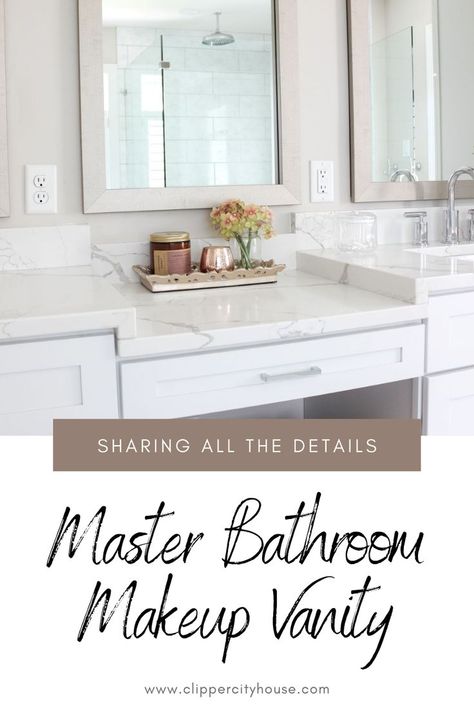 Master Vanity With Makeup Area, Diy Double Sink Vanity, Double Sink Vanity With Makeup Area, Master Bath With Makeup Vanity, Built In Makeup Vanity In Bathroom, Master Bath Vanity Ideas Double Sinks, Bathroom Vanity With Makeup, Bathroom Vanity With Makeup Area, Vanity With Makeup Area