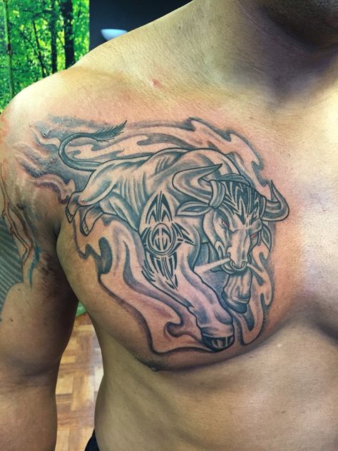 Zodiac Taurus sign Chest Tattoo! Capricorn Chest Tattoo Men, Taurus Chest Tattoo, Taurus Zodiac Sign Tattoo, Chest Tattoo Script, Taurus Tattoo Men, Zodiac Sign Tattoo, Taurus Bull Tattoos, Bull Tattoo, Taurus Tattoo