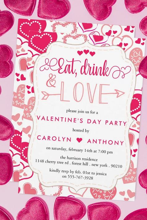 Eat, Drink & Love Valentine's Day Party Invitation Valentine's Day Party, Valentines Day Party, Day Party, Host A Party, Love Valentines, Valentine Day Cards, Bridal Shower Invitations, Invitation Zazzle, Special Event