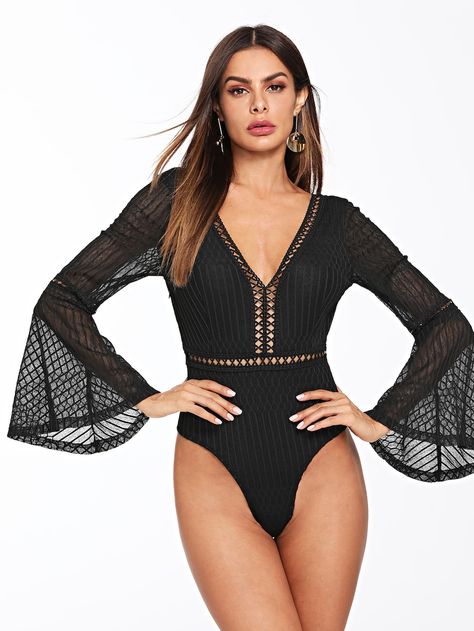 Cut Out Bell Sleeve V-Neck Bodysuit -SheIn(Sheinside) Lace Bralette Outfit, Bell Sleeve Bodysuit, Bralette Outfit, Sleeve Swimsuit, Womens Black Shorts, Body Suit Outfits, Floral One Piece Swimsuit, V Neck Bodysuit, Cute Lingerie