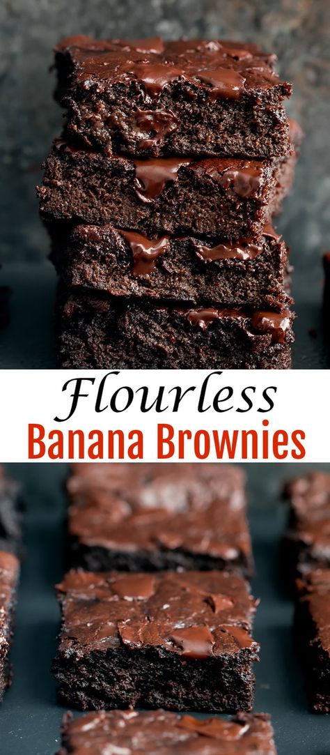 Rich, fudgy, moist brownies. These brownies taste like a cross between banana bread and brownies. The batter can be easily prepped in the blender! Flourless Brown Butter Banana Brownies, Peanut Butter Banana Brownies Healthy, Banana Peanut Butter Cocoa Brownie, Oat Banana Brownies, Brownies With Bananas Substitute, Ripe Banana Brownies, Banana Nutella Brownies, Brownie Recipe With Bananas, Brownies Banana Healthy