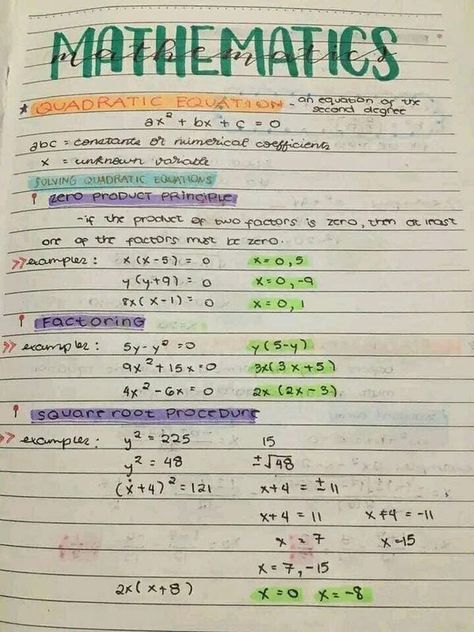 Quadratic Equations Notes, Grade 9 Math Notes, Grade 9 Math, Mathematics Notes, Equations Notes, Quadratic Equations, Solving Quadratic Equations, Study Flashcards, Math Notes