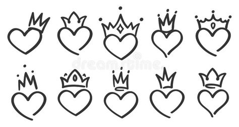 Hand drawn crowned hearts. Doodle princess, king and queen crown on heart, sketch love crowns vector illustration set. Hand drawn crowned hearts. Doodle princess vector illustration Hearts Doodle, King And Queen Crowns, Vintage Tattoo Design, Crown Drawing, Crown Tattoo Design, Hand Drawn Arrows, Queen Tattoo, Heart Doodle, Heart Sketch