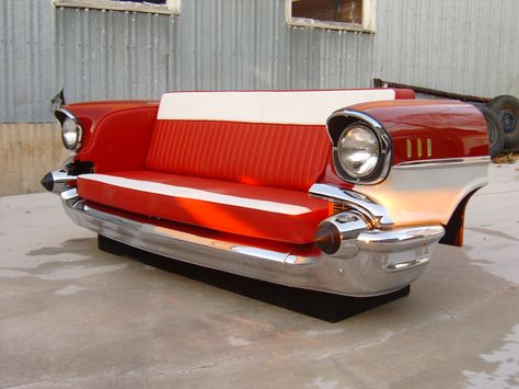 '57 Chevy front end couch Chevrolet 1957, Car Couch, Classic Couch, Tailgate Bench, Car Part Art, Car Bar, Carros Vintage, Car Part Furniture, Automotive Furniture