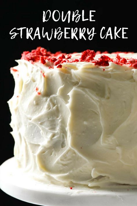 Double Strawberry Cake Recipe | Strawberry in two forms infuses this layer cake with beautiful color and natural flavor.	  #cakerecipes #howtobakeacake #cakes #cake #seriouseats #recipes Double Strawberry Cake, 2 Layer Strawberry Cake, 4 Layer Strawberry Cake, Strawberry Vanilla Layer Cake, Double Layer Strawberry Cake, Martha Stewart Strawberry Layer Cake, Fresh Strawberry Cake, Strawberry Dessert Recipes, Strawberry Cake Recipes