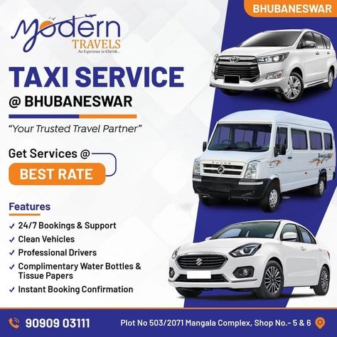 Book Taxi Service(With Driver) in Bhubaneswar and Puri Sedan, SUV, Tempo Traveller Available in Bhubaneswar and Puri Local, Outstation Cabs Available at Best Price For more details, Call Us You can reach us on the following numbers. +919090903111 +919090912122 +919090912222 Toll Free : 1800 889 6333 Thank you for reaching out to us WhatsApp Link : https://wa.me/919090903111 Tempo Traveller, Taxi Service, Digital Marketing, Suv, Marketing, Books, Travel, Quick Saves