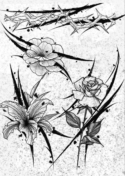 Gothic Style Flower Tattoos, Cybersigilism Flower Tattoo, Dark Flowers Drawing, Dark Flower Drawing, Creepy Flower Tattoos, Dark Flowers Tattoo, Dark Flower Tattoo, Gotik Tattoo, Dragon Tattoo Drawing