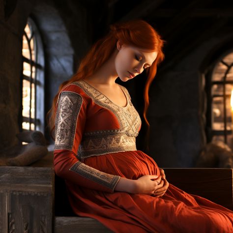 Pregnant Witch Art, Fantasy Pregnant Art, Redhead Art, Princesa Charlotte, Red Witch, Medieval Woman, Red Hair Woman, Dark Red Hair, Fantasy Story