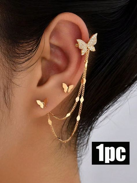 Yellow Gold  Collar  Copper   Embellished   Women Fashion Jewelry Butterfly Earrings Aesthetic, Ear Accessories, Gold Butterfly Earrings, Butterfly Designs, Cute Gold Earrings, Jewellery Design, Ethereal Jewelry, Ear Cuff Jewelry, Pretty Jewelry Necklaces