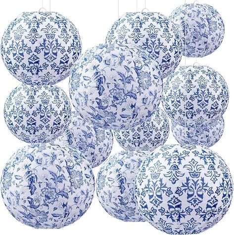 Retisee 12 Pcs Chinoiserie Paper Lantern Set 10 Inches Blue and White Porcelain Print Chinese Round Lantern Hanging Decorations Ceiling Birthday Party Baby Shower Wedding Home Decor - Amazon.com Hang From Ceiling Decor, White Paper Lanterns, Porcelain Print, Hanging Paper Lanterns, Round Paper Lanterns, Outdoor Lantern Lighting, Lantern Christmas, Blue Lantern, Wedding Home Decor