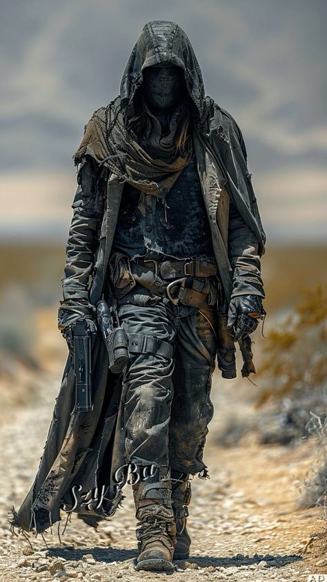 Apocalyptic Pose Reference, Post Apocalyptic Swordsman, Future Apocalypse Outfit, Post Apocalyptic Dnd Character, Post Nuclear Apocalypse Aesthetic, Apocalypse Art Character Concept, Wastelander Character Design, Post Apocalyptic Witch, Desert Dystopia Aesthetic