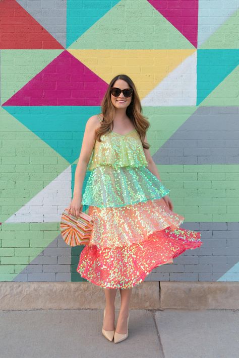 Tiered Rainbow Sequin Dress | Sundress Arista - Style Charade Disco Attire, Clowncore Fashion, Rainbow Dress Women, Concert Outfits Ideas, Rainbow Sequin Dress, Bold Clothes, Bright Clothes, Pom Pom Fashion, Brown Clothes