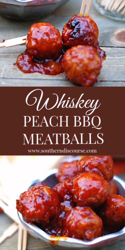 Whiskey Peach BBQ Meatballs - a southern discourse Repast Food Ideas, Southern Bbq Appetizers, Horsduerves Party Appetizers, Southern Bbq Recipes, Whiskey Food Recipes, Bbq Meatballs Side Dishes, Southern Bbq Party, Southern Bbq Side Dishes, Southern Meatballs