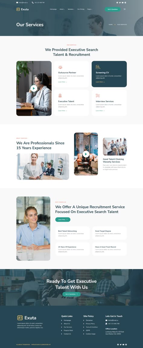 Exuta - Executive Search & Recruitment Service Elementor Template Kit Our Services Website Design, Service Section Website Design, Human Resources Website Design, Recruitment Website Design Inspiration, How We Work Web Design, Services Page Design Website, Service Page Design, Services Page Design, Recruitment Website Design