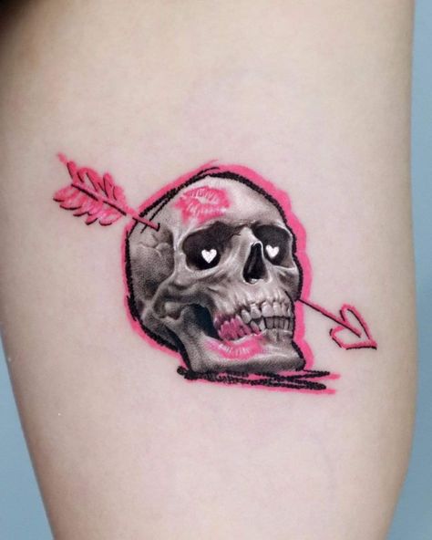 Pink Skull Tattoo, Pop Art Tattoo, Pop Art Tattoos, Creepy Tattoos, Greek Tattoos, Tatuaje A Color, Time Tattoos, Tattoo Flash Art, Black Ink Tattoos