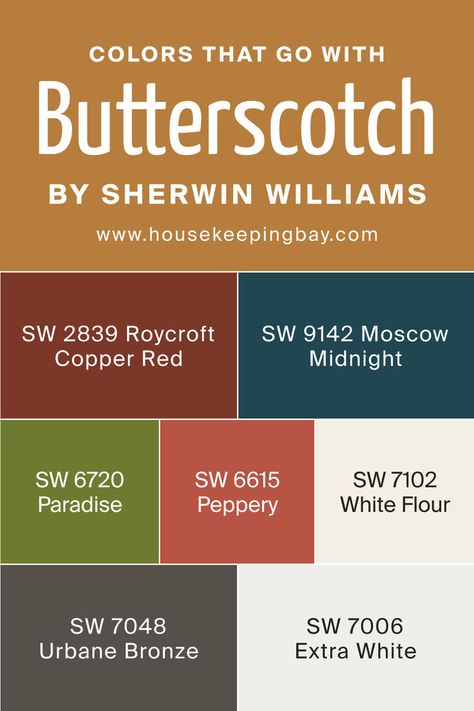 Colors That Go With SW Butterscotch Moscow Midnight, Urbane Bronze, Sherwin Williams Colors, Copper Red, White Flour, Bedroom Paint, Living Room Makeover, Trim Color, Basement Remodeling