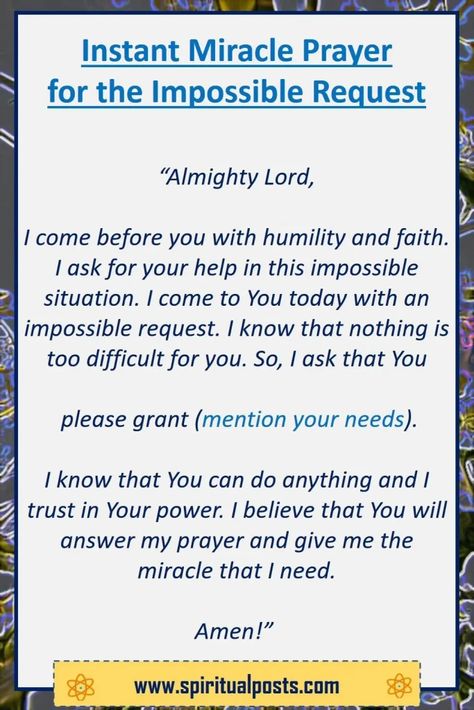 15 Instant Miracle Prayers for the Impossible | Spiritual Posts Miracle Prayers That Work, Miracle Spell, Miracle Prayer For Impossible Situations, Prayer For Money Miracle, Prayer For Miracles, Common Prayers, The Miracle Prayer, Prayer For A Miracle, Short Prayer For Healing