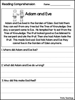 Adam And Eve Reading Comprehension Worksheet. Bible Study Curriculum. 579 Adam And Eve Craft, Teaching Short Stories, 2nd Grade Reading Comprehension, First Grade Reading Comprehension, Bible Worksheets, Reading Comprehension Kindergarten, Arkansas City, English Stories For Kids, Reading Comprehension Lessons