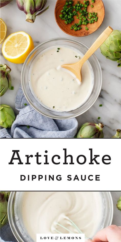 This easy artichoke dipping sauce recipe is creamy and bright. Serve it with fresh artichokes or spring veggies like asparagus or snap peas. Artichoke Dipping Sauce, Dipping Sauce For Artichokes, Steamed Artichokes, Artichoke Sauce, How To Cook Artichoke, Roasted Artichoke, Sweet Potato Fries Baked, Dipping Sauces Recipes, Artichoke Recipes