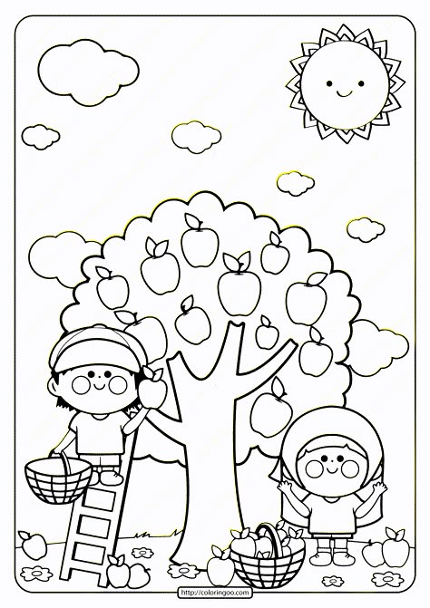 Free printable Children Picking Apples coloring pages for kids of all ages. You can print or download them to color and offer them to your family and friends. #free #printable #children #picking #apples #plants #coloring #page #book Apple Tree Coloring Page Free Printable, Apple Tree Printables Free, Way Up High In The Apple Tree Printable, Apple Picking Coloring Pages, Apple Color Sheet, Apples Coloring Page, Free Apple Coloring Pages, Apple Tree Coloring Page, Apple Coloring Pages For Kids