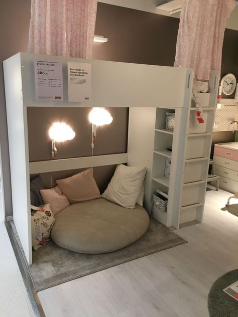 Loft Bed With Slanted Ceiling, Ikea Storage Living Room Ideas, Ikea Loft Bed For Girls Room, Underbed Hideout, Teen Room Loft Bed, Teen Room With Loft Bed, Ikea Loft Bed Ideas For Teens, Loft Bed Girls Room Ideas, Loft Bed Teen