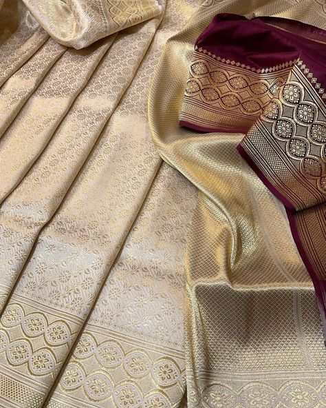 White Banarsi Saree, Banarasi Saree Look For Wedding, Banarsi Suit, Gold Silk Saree, Saree With Contrast Blouse, Banaras Sarees, Banarsi Saree, Maroon Blouse, Wedding Silk Saree