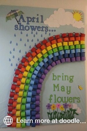 April showers bring May flowers bulletin board with paper chain rainbow! So cute and cheerful! #rainbow #classroomdecor April Bulletin Boards, Spring Bulletin, Spring Bulletin Boards, Spring Classroom, Preschool Bulletin, Preschool Bulletin Boards, School Doors, School Displays, Door Decorations Classroom