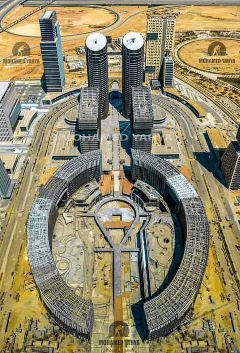 The latest exclusive photo of the life bridge key in the middle of the towers of the Central Business District (CBD) in the New Administrative Capital Central Business District, Business District, 1960s Fashion, Heaven On Earth, Places Around The World, Aerial View, Cairo, In The Middle, Egypt