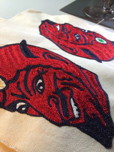 More custom chain stitch embroidery patches. This is a vintage devil design. Done in Red/Navy/White on natural colored duck canvas. One with with a gold jewel in his headpiece and one with a green jewel. 6" tall. Devil Design, Vintage Machine, Custom Chain, Stitch Patch, Custom Patch, Clarks Wallabees, Chain Stitch Embroidery, Souvenir Jacket, Japanese Embroidery