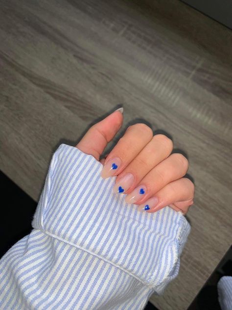 French Tip Blue Heart, French Nails With Blue Heart, Royal Blue Heart Nails, Short Nail Designs White And Blue, Navy Heart Nails, Navy Blue Heart Nails, Electric Blue Almond Nails, Nails With Blue Heart Design, Blue French Tip Nails With Heart