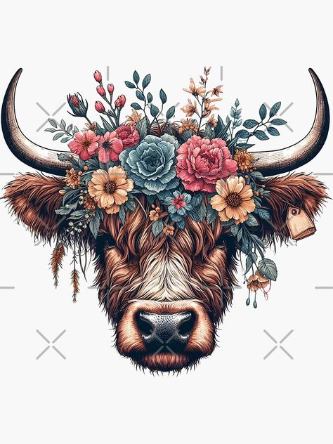 "Heilan Coo, Cute Highland Cow in a Floral Meadow" Sticker for Sale by HEERYAK Floral Meadow, Cute Highland Cow, Highland Cow, Sticker Design, Stranger Things Fanart, Vinyl Sticker, Cow, Tattoo Designs, Floral