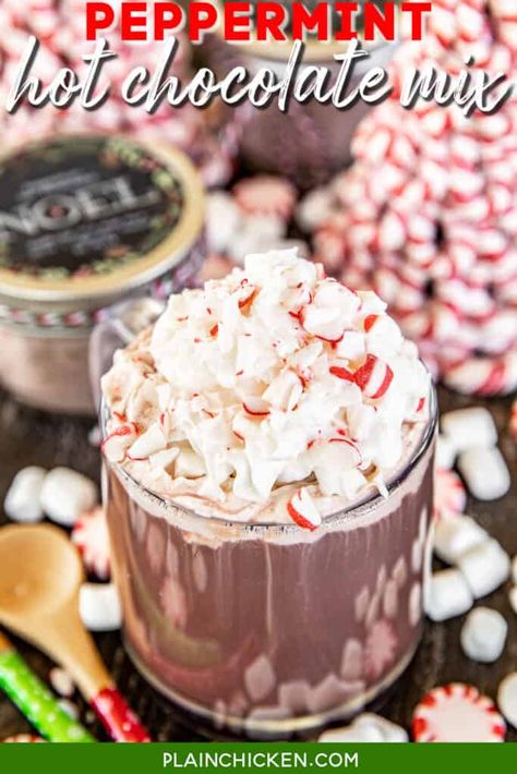 Homemade Peppermint Hot Chocolate Mix - Plain Chicken Peppermint Hot Chocolate Mix, Spice Tea Mix, Peppermint Popcorn, Microwave Peanut Brittle, Hot Chocolate Mix Recipe, Homemade Hot Chocolate Mix, White Chocolate Candy, Hot Cocoa Mix, Homemade Holiday Gifts