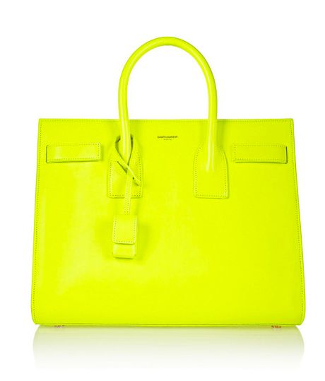 Saint Laurent tote bag - neon accessories on redsoledmomma.com Yellow Closet, Yellow Bags, Neon Accessories, Modern Handbag, Neon Bag, Handbag Heaven, Designer Crossbody Bags, Tote Bag Leather, Hermes Bags