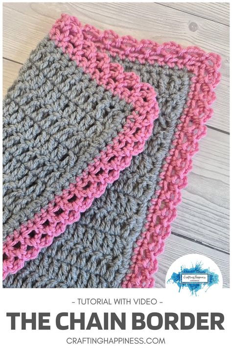 Learn how to crochet The Lacy Border with step-by-step photo tutorial & video.Quick & easy beginner border for blankets by Crafting Happiness. How To Crochet The Edge Of A Blanket, Pretty Crochet Borders For Blankets, Crochet Chain Loop Border Edging, Large Crochet Borders For Blankets, Lacy Crochet Edging And Borders, Crochet Borders Patterns, Border For Afghan Crochet Edgings, Boarders For Crochet Blankets, How To Crochet Edges On A Blanket