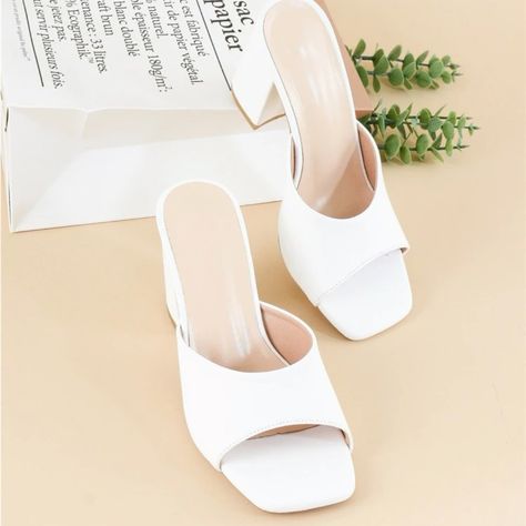 Cute White Minimalist Heels With Low Platform, Super Comfortable, Feux Leather With A Super Supple Feeling White Mules Heels, White Chunky Sandals, Beige Sandals Heels, Mules Outfit, Sandals Shein, Summer Sandals Heels, Shoes Fashion Photography, Heeled Mule, Shoes Heels Classy