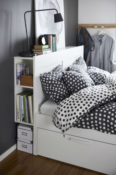 When you're in a small space, a bed with extra storage will help keep things neat and tidy. You can add drawers and a headboard to the BRIMNES bed frame to add tons of places for extra organization and storage. Brimnes Headboard, Diy Seng, Brimnes Bed, Ikea Brimnes, Bedroom Ikea, Smart Bedroom, Design Ložnic, Head Boards, Ikea Bedroom