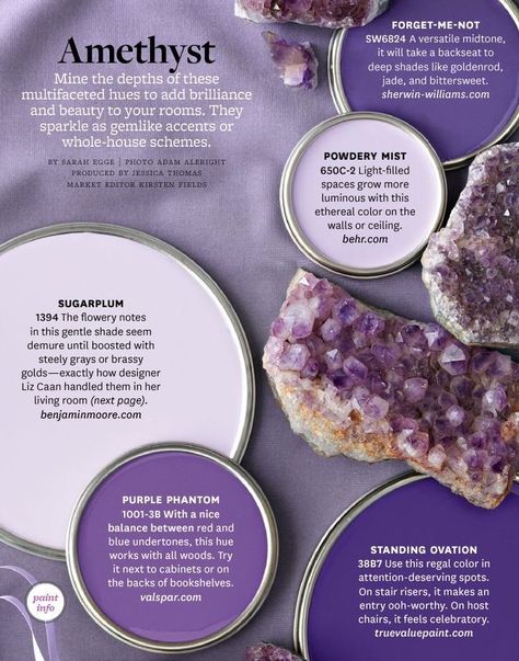 Amethyst Paint Colors by BHG - Interiors By Color....maybe for my living room? two walls Purple Rocks, Purple Paint Colors, Interior Boho, Paint Color Schemes, Purple Paint, Interior Paint Colors, Paint Shades, Decoration Inspiration, Garden Features