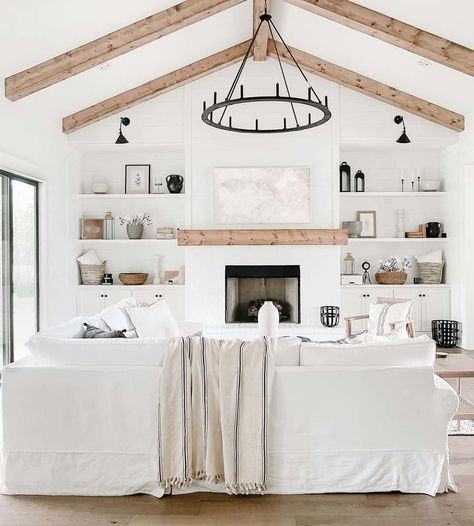 Beams Living Room, Vaulted Ceiling Living Room, Modern Farmhouse Living, White Fireplace, Black Living Room, Modern Farmhouse Living Room, Living Room Ceiling, Chandelier In Living Room, Vaulted Ceiling