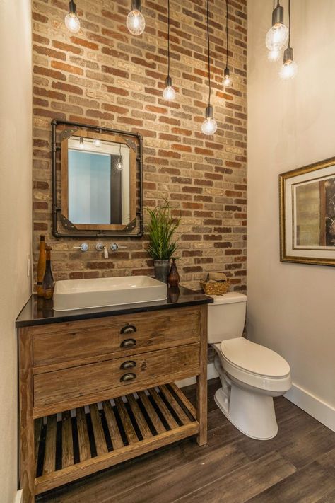 Modern Bathroom with Brick Wall Accent Brick Bathroom Ideas, Exposed Brick Bathroom, Brick Wall Bathroom, Unique Bathroom Tiles, Brick Bathroom, Faux Brick Walls, Bathroom Farmhouse Style, Rustic Bathroom Decor, Faux Brick