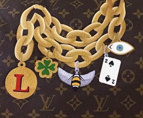 Painted Monogram, Hand Painted Monogram, Louis Vuitton Bracelet, Painted Purse, Monogram Painting, Bag Illustration, Popular Bracelets, Handpainted Bags, Drawing Bag