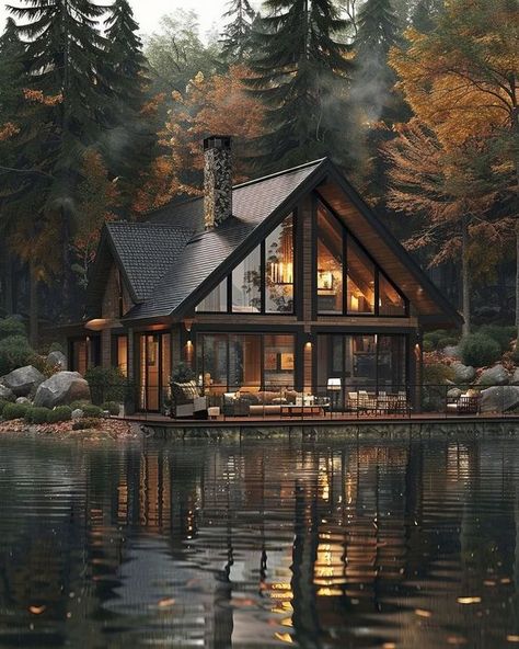 Cabin By A Lake, Cabin With Large Windows, Forest Lake House, Modern Lake Cabin, Large Cottage House, Forest Cabin Interior, House Large Windows, Cabin By Lake, Small Cozy House