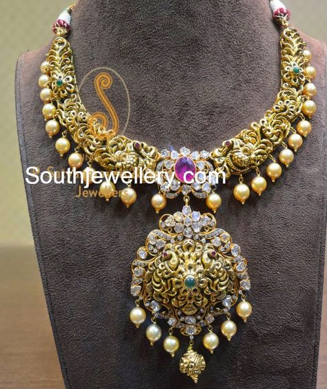 Antique Nakshi Peacock Necklace 40 Grams Gold Necklace Designs, Latest Jewellery Designs, Haram Designs, Bridal Diamond Necklace, Gold Temple Jewellery, Buy Gold Jewelry, Peacock Necklace, Diamond Wedding Jewelry, Beautiful Gold Necklaces