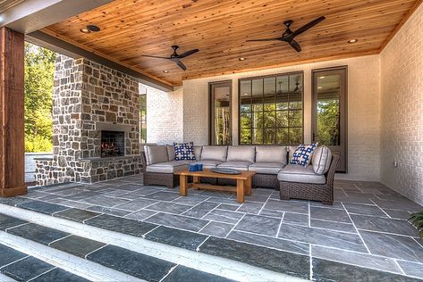 Back porch with Cedar tongue and groove ceiling and slate tile Farmhouse Front Porch Decorating Ideas, Farmhouse Front Porch Decorating, Painted Garden Furniture, Patio Ceiling, Groove Ceiling, Painted Brick Exteriors, Front Porch Decorating Ideas, Porch Landscaping, Living Pool