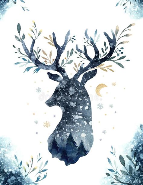 Indigo Illustration, Closeup Portrait, Hand Drawn Christmas, Cute Deer, Watercolor Christmas Cards, Winter Design, Watercolor Inspiration, Christmas Illustration, Christmas Deer