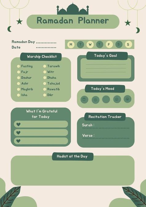 Green and Beige Simple Cute Ramadhan Planner A4 Document - Templates by Canva Ramzan Planner, Ramadan Planner Ideas, Ramadhan Planner, Ramadan Planer, Ramadan Goals, Green Planner, Ramadan Planner, Ramadan Tips, Canva Planner