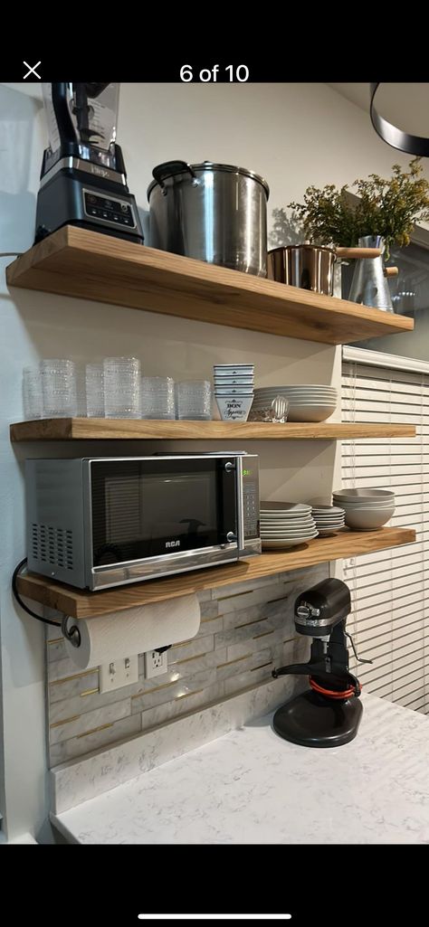 Microwave Shelves Ideas, Microwave On Open Shelving, Microwave On Shelf In Kitchen, Countertop Microwave Ideas, Microwave In Small Kitchen, Small Kitchen Microwave Placement, Microwave On Shelf, Microwave Shelf Over Stove, Microwave On Countertop Ideas